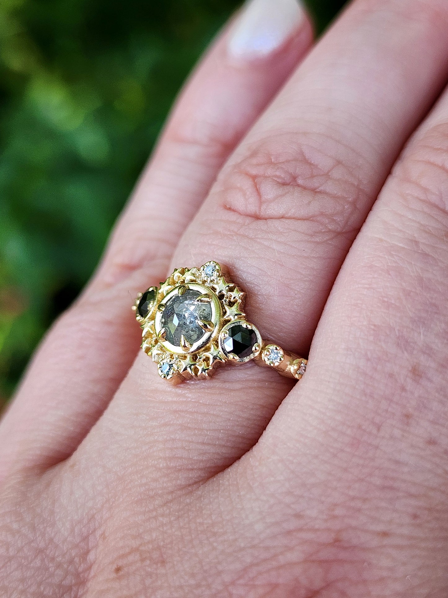 Gray Rose Cut Salt and Pepper Diamond Stardust Ring with Black and White Diamonds image 8