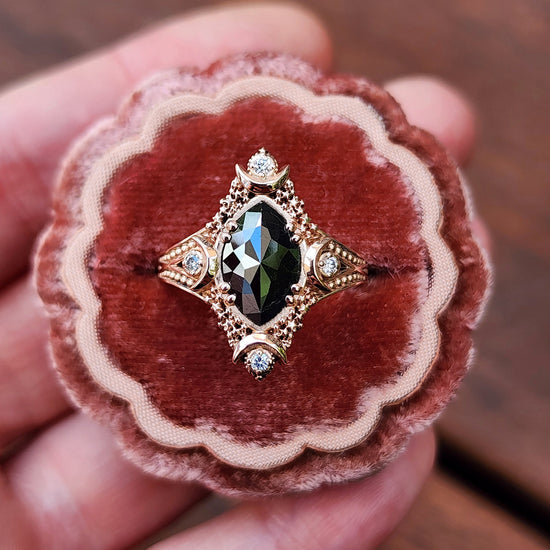Fancy Artemis Moon Ring with Rose Cut Black Diamond Marquise and Gold Stardust image 1