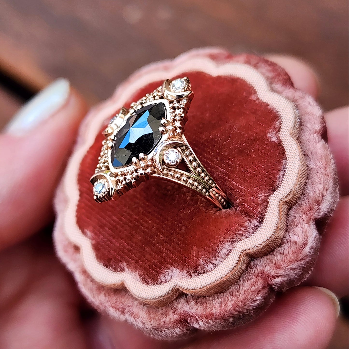 Fancy Artemis Moon Ring with Rose Cut Black Diamond Marquise and Gold Stardust image 4