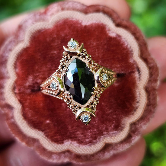 Fancy Artemis Moon Ring with Rose Cut Black Diamond Marquise and Gold Stardust image 5