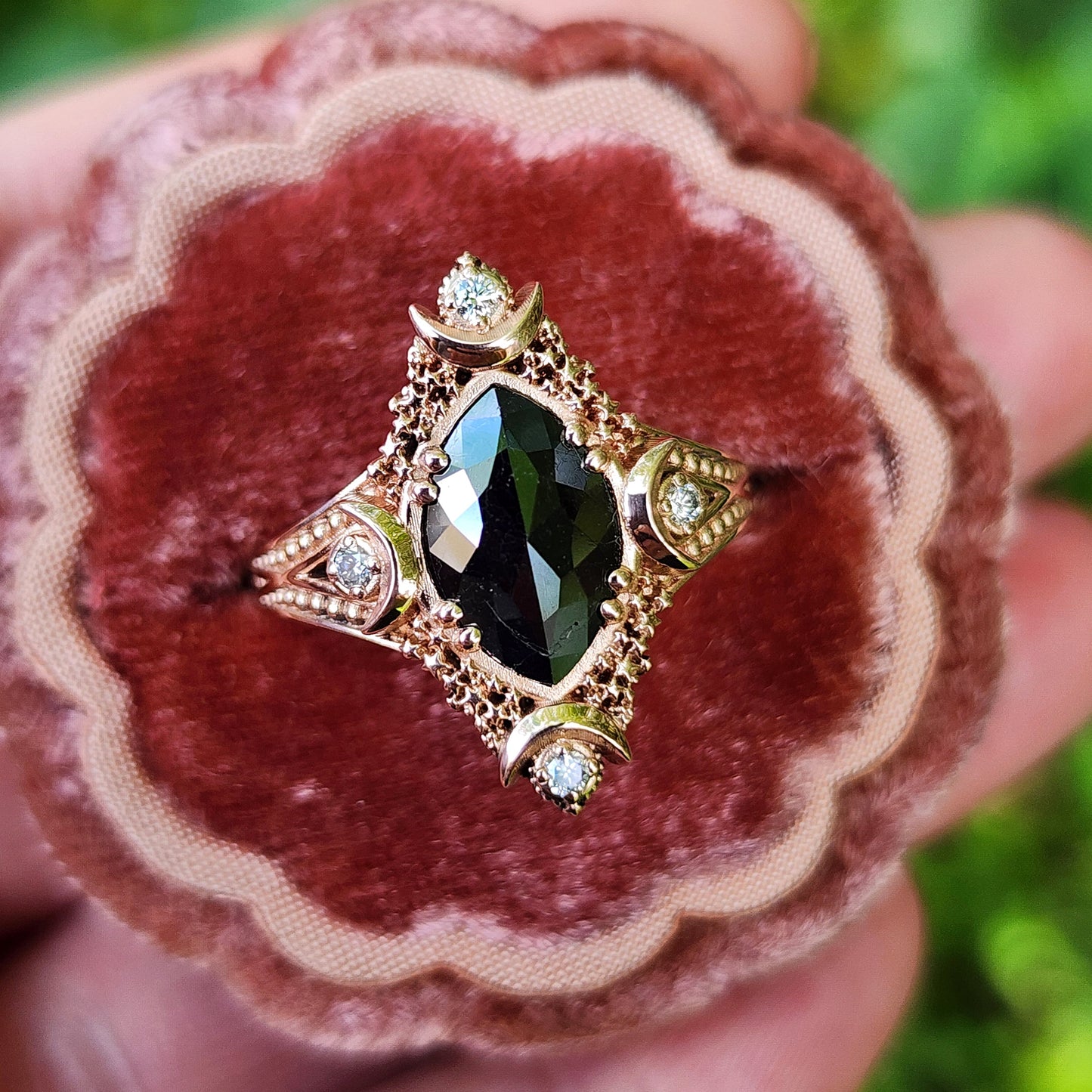 Fancy Artemis Moon Ring with Rose Cut Black Diamond Marquise and Gold Stardust image 6