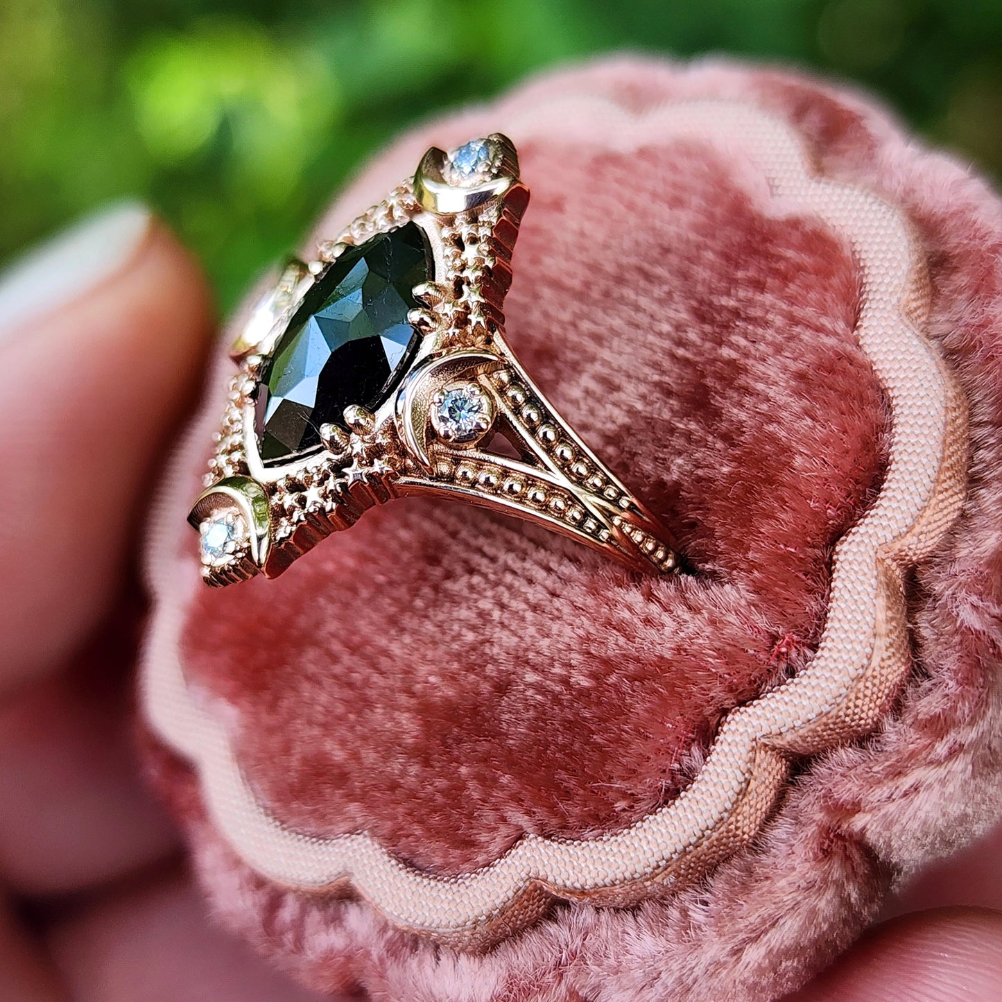 Fancy Artemis Moon Ring with Rose Cut Black Diamond Marquise and Gold Stardust image 2