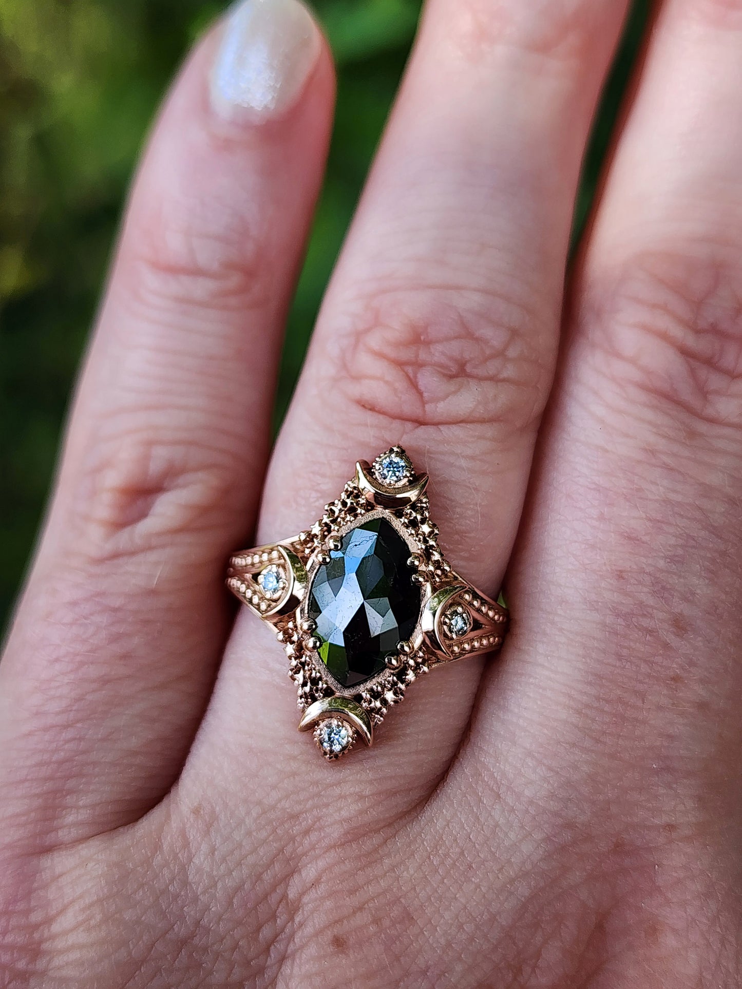 Fancy Artemis Moon Ring with Rose Cut Black Diamond Marquise and Gold Stardust image 8