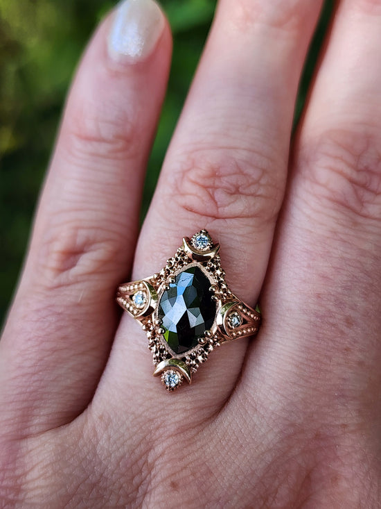 Fancy Artemis Moon Ring with Rose Cut Black Diamond Marquise and Gold Stardust image 8
