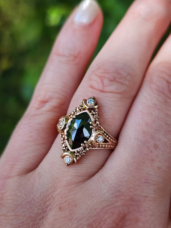 Fancy Artemis Moon Ring with Rose Cut Black Diamond Marquise and Gold Stardust image 9