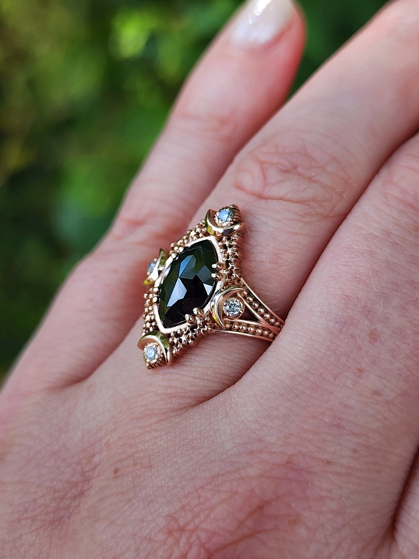 Fancy Artemis Moon Ring with Rose Cut Black Diamond Marquise and Gold Stardust image 10
