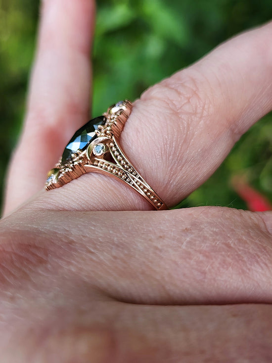 Fancy Artemis Moon Ring with Rose Cut Black Diamond Marquise and Gold Stardust image 11