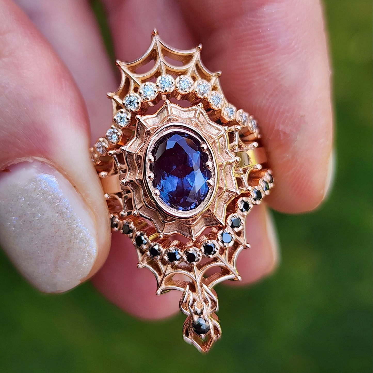 Chatham Alexandrite Morticia Spider Web Wedding Ring Set 14k Rose Gold image 1