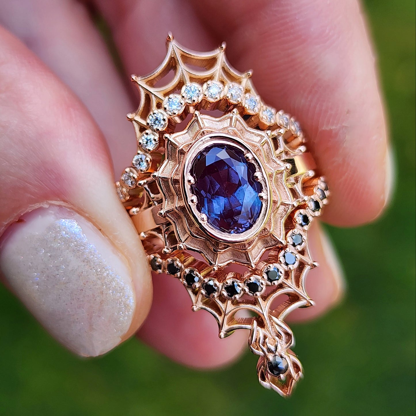 Chatham Alexandrite Morticia Spider Web Wedding Ring Set 14k Rose Gold image  3