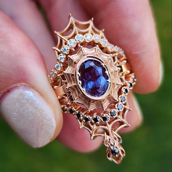 Chatham Alexandrite Morticia Spider Web Wedding Ring Set 14k Rose Gold image  3