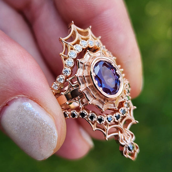 Chatham Alexandrite Morticia Spider Web Wedding Ring Set 14k Rose Gold image  4