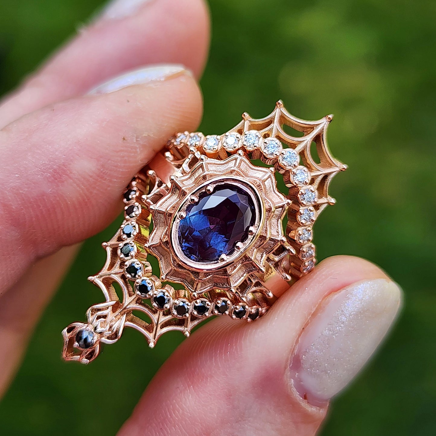 Chatham Alexandrite Morticia Spider Web Wedding Ring Set 14k Rose Gold image 2