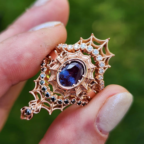 Chatham Alexandrite Morticia Spider Web Wedding Ring Set 14k Rose Gold image 2