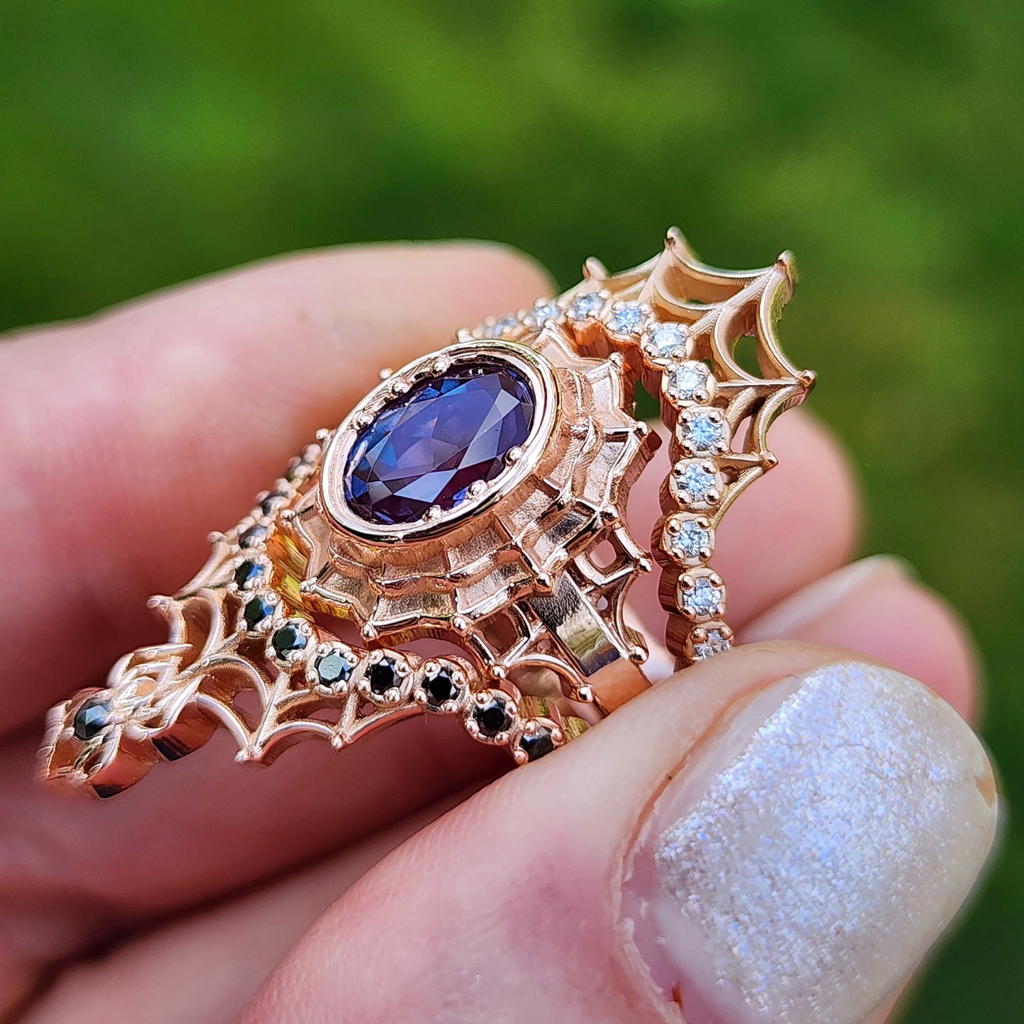 Chatham Alexandrite Morticia Spider Web Wedding Ring Set 14k Rose Gold image  5