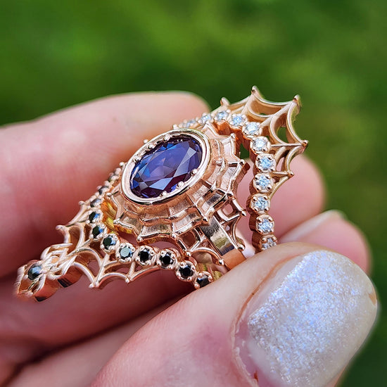 Chatham Alexandrite Morticia Spider Web Wedding Ring Set 14k Rose Gold image  5