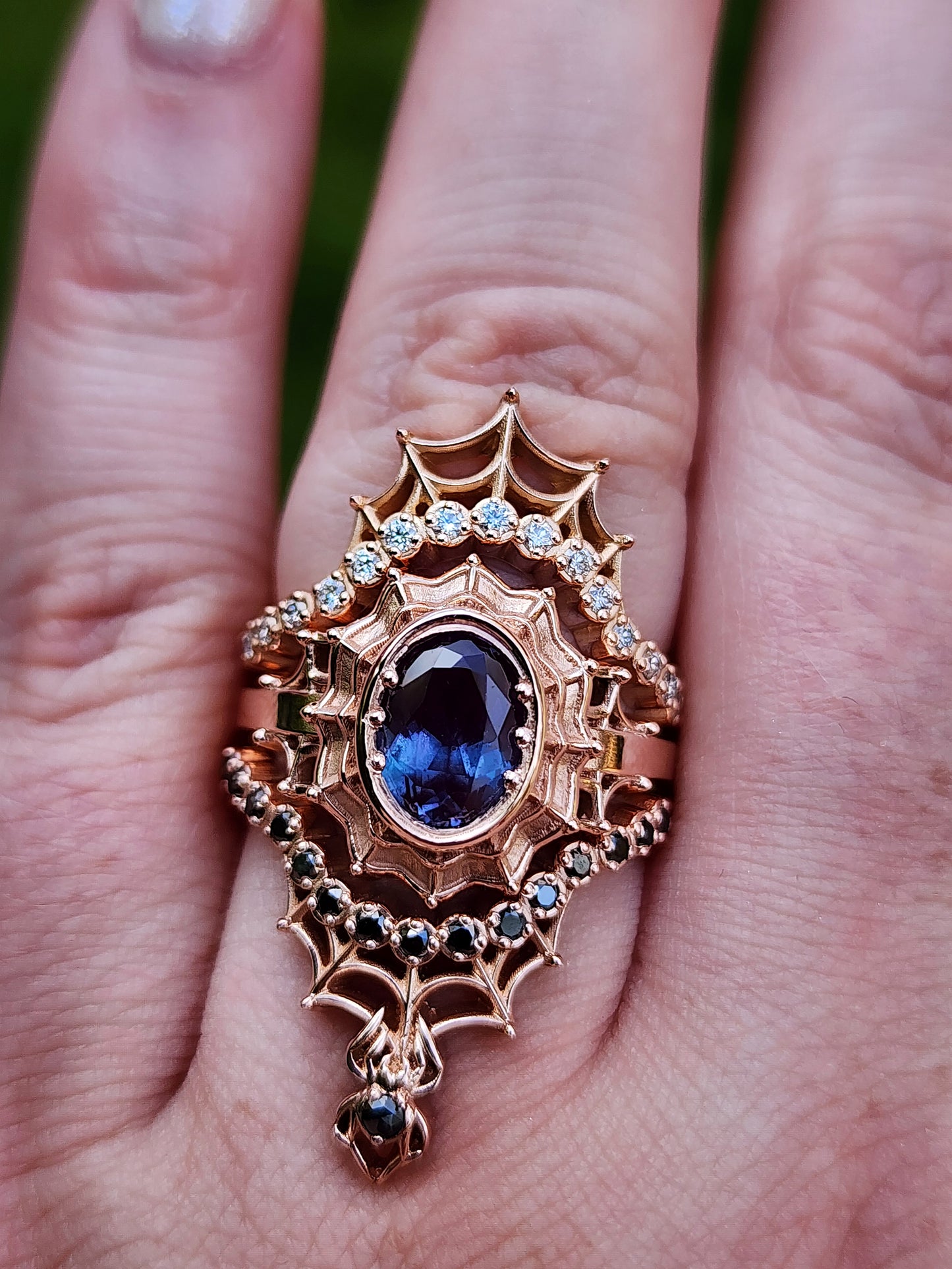 Chatham Alexandrite Morticia Spider Web Wedding Ring Set 14k Rose Gold image  6
