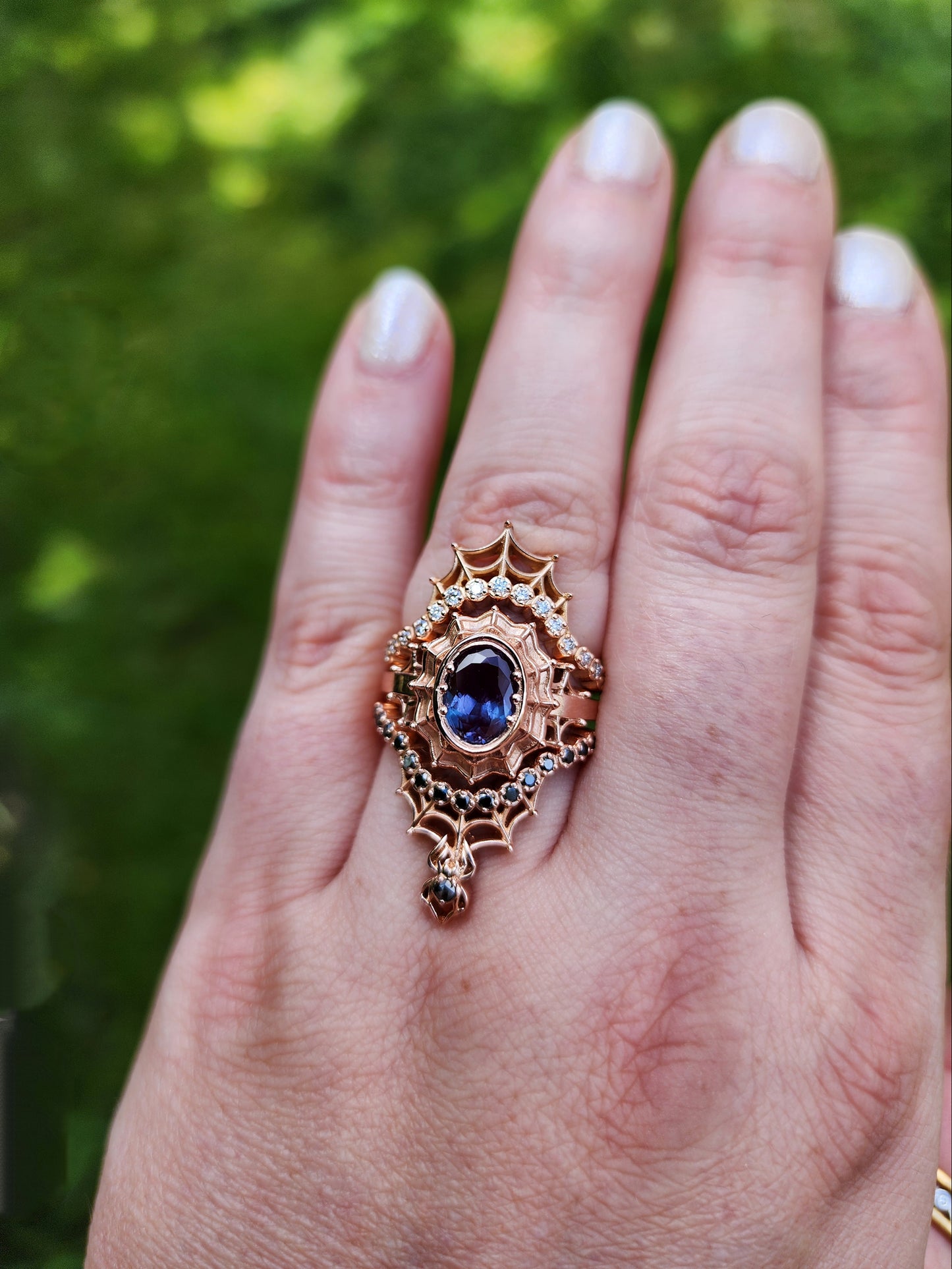Chatham Alexandrite Morticia Spider Web Wedding Ring Set 14k Rose Gold image  7