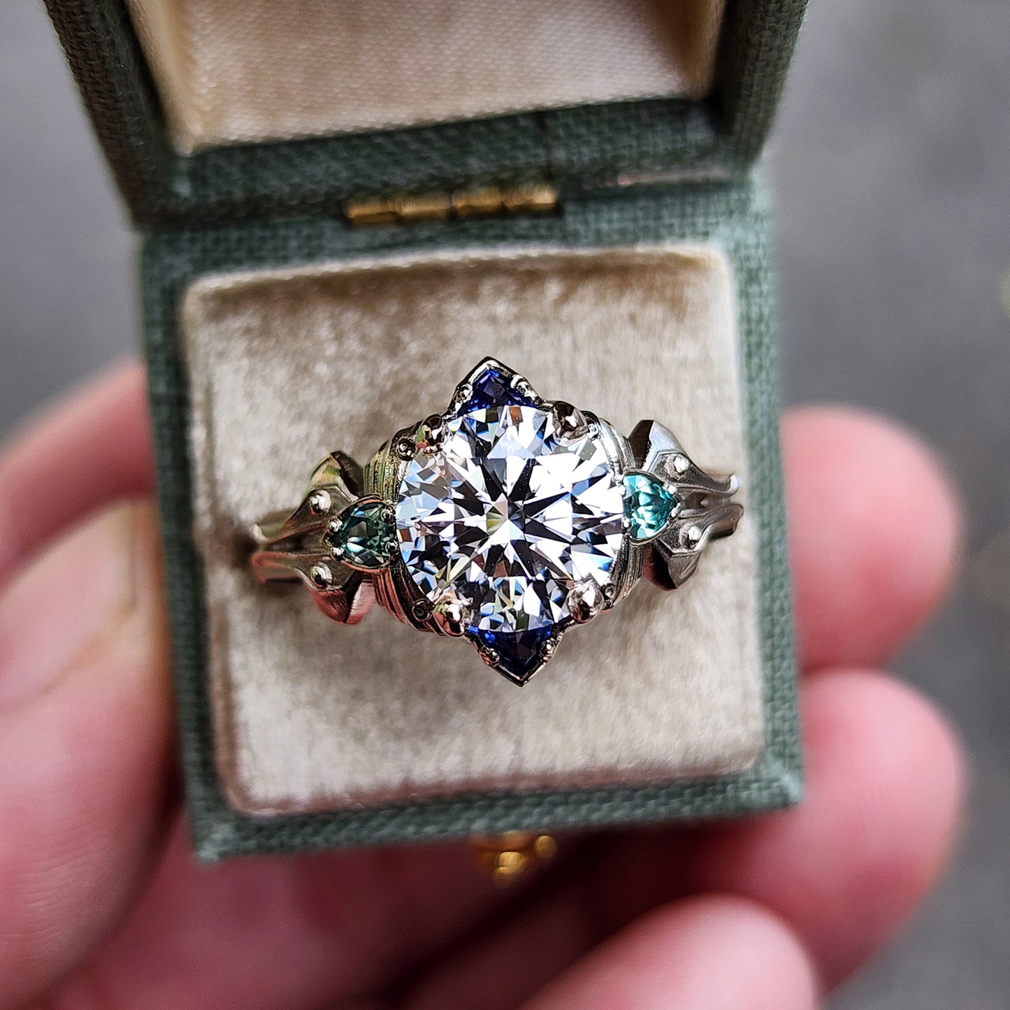 2.47ct Diamond Luna Moth Engagement Ring with Lab Chrysoberyl & Sapphire Trillions - 14k Palladium White Gold image  4