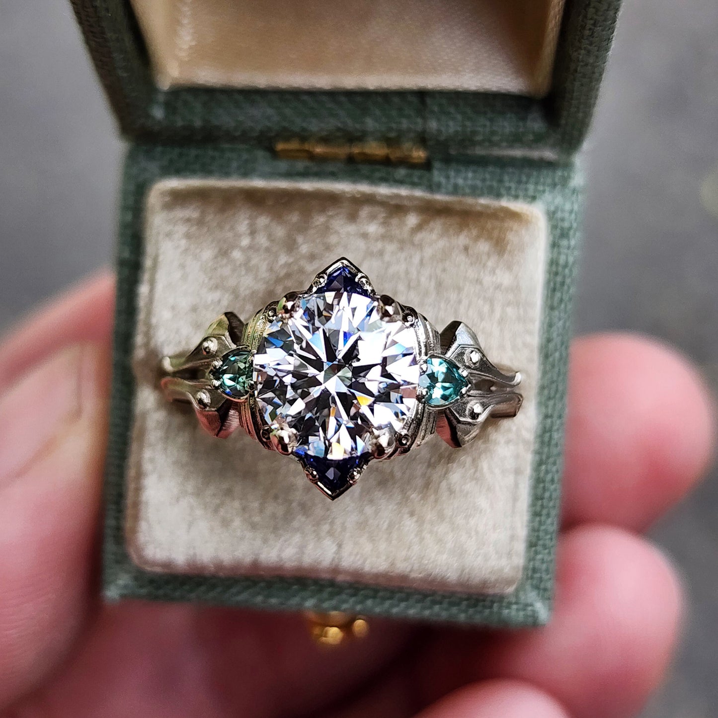 2.47ct Diamond Luna Moth Engagement Ring with Lab Chrysoberyl & Sapphire Trillions - 14k Palladium White Gold image 1