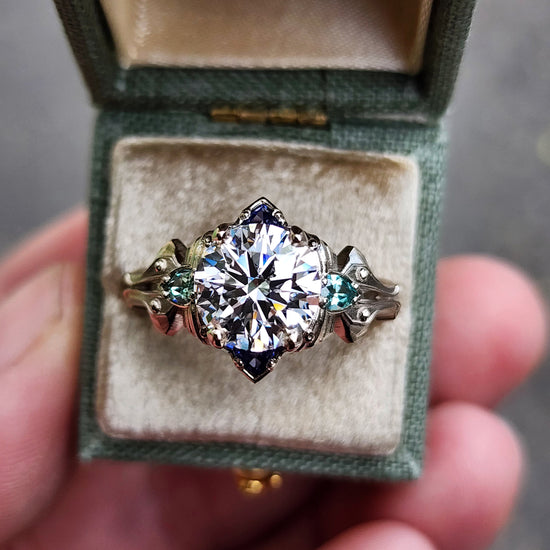 2.47ct Diamond Luna Moth Engagement Ring with Lab Chrysoberyl & Sapphire Trillions - 14k Palladium White Gold image 1