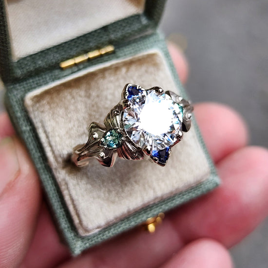2.47ct Diamond Luna Moth Engagement Ring with Lab Chrysoberyl & Sapphire Trillions - 14k Palladium White Gold image  3