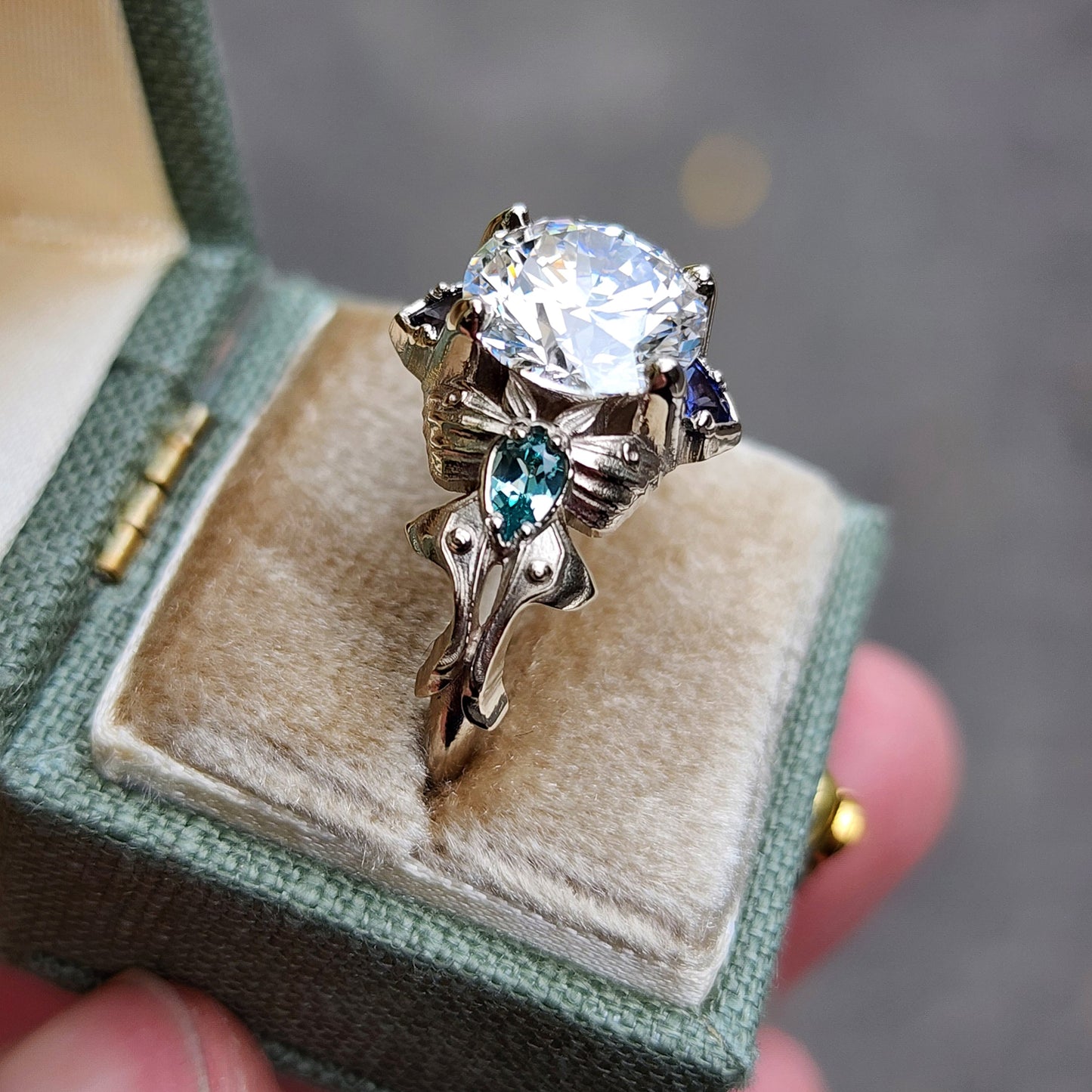 2.47ct Diamond Luna Moth Engagement Ring with Lab Chrysoberyl & Sapphire Trillions - 14k Palladium White Gold image 5