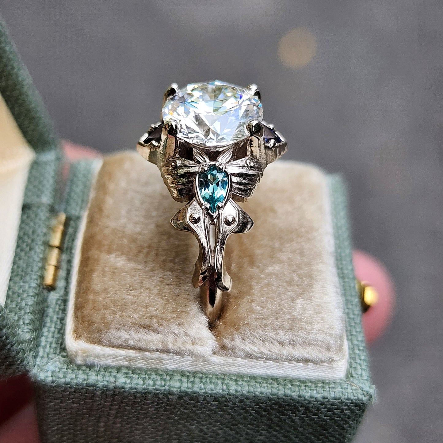 2.47ct Diamond Luna Moth Engagement Ring with Lab Chrysoberyl & Sapphire Trillions - 14k Palladium White Gold image  2