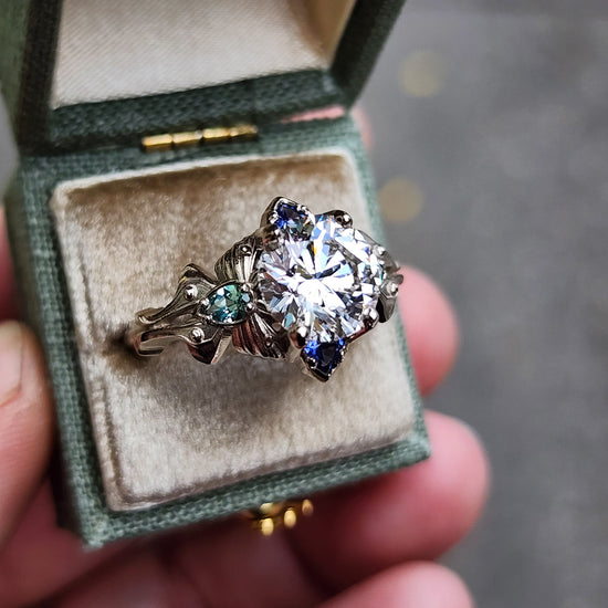 2.47ct Diamond Luna Moth Engagement Ring with Lab Chrysoberyl & Sapphire Trillions - 14k Palladium White Gold image  6