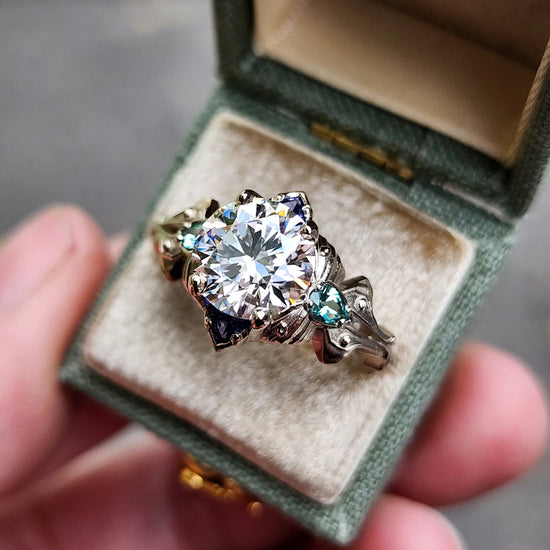 2.47ct Diamond Luna Moth Engagement Ring with Lab Chrysoberyl & Sapphire Trillions - 14k Palladium White Gold image  5