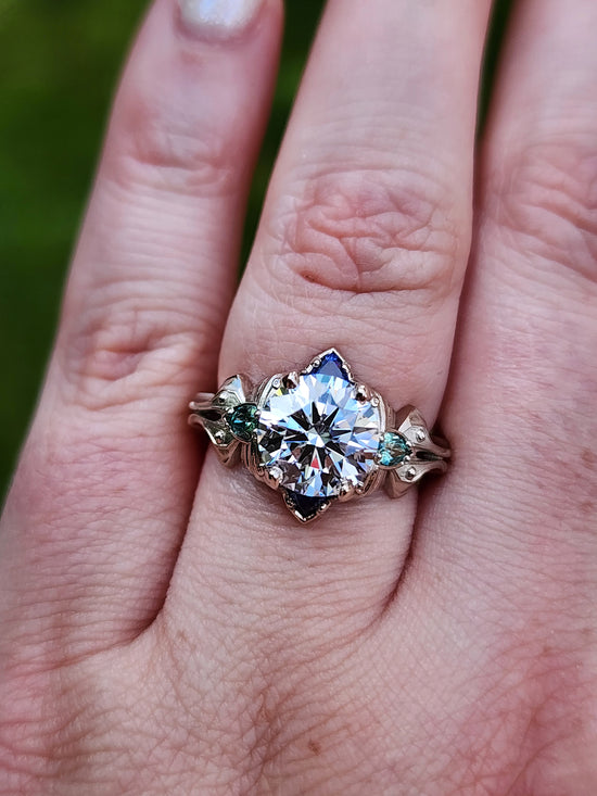 2.47ct Diamond Luna Moth Engagement Ring with Lab Chrysoberyl & Sapphire Trillions - 14k Palladium White Gold image  8