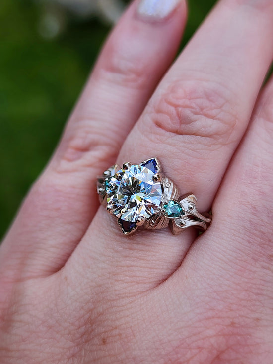 2.47ct Diamond Luna Moth Engagement Ring with Lab Chrysoberyl & Sapphire Trillions - 14k Palladium White Gold image  9