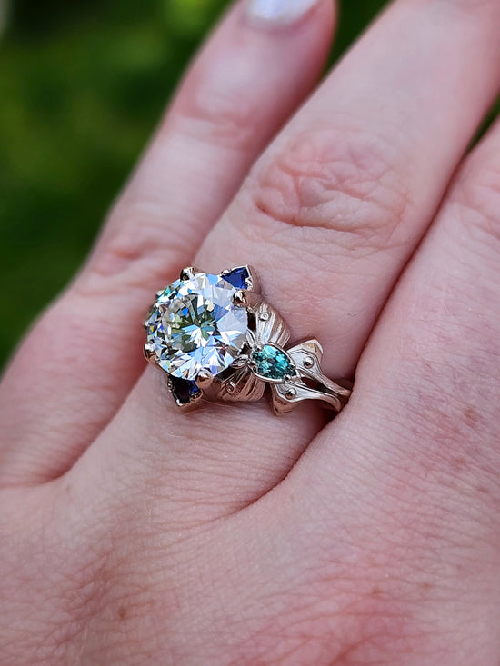 2.47ct Diamond Luna Moth Engagement Ring with Lab Chrysoberyl & Sapphire Trillions - 14k Palladium White Gold image  10