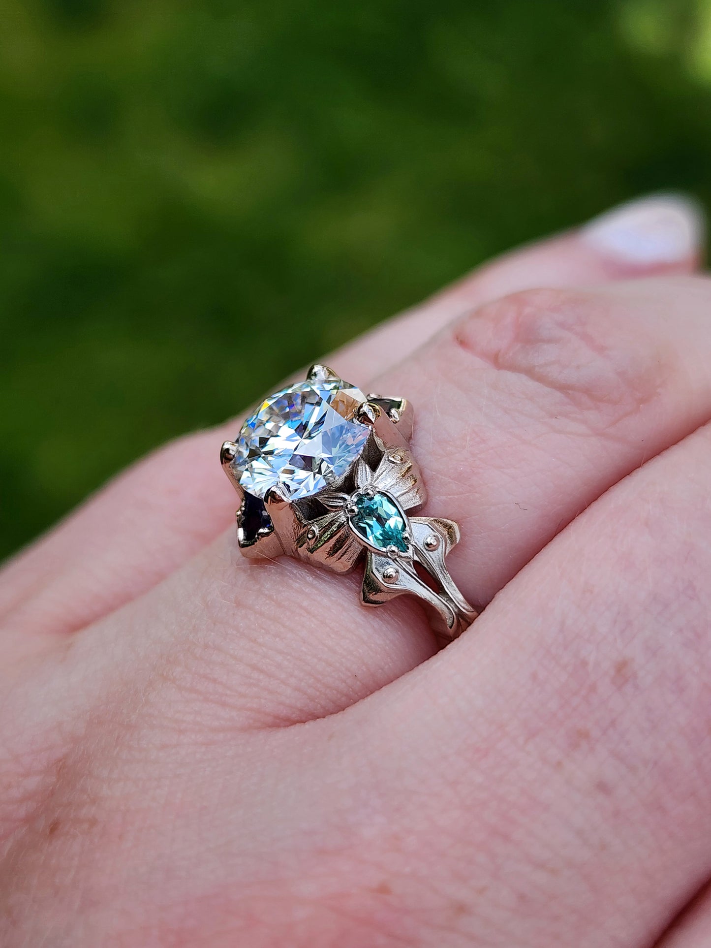 2.47ct Diamond Luna Moth Engagement Ring with Lab Chrysoberyl & Sapphire Trillions - 14k Palladium White Gold image  11