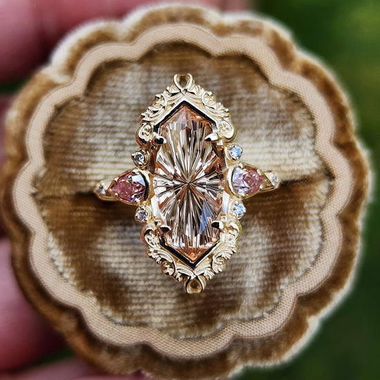 3.98ct Fantasy Cut Imperial Topaz Odette Engagement Ring with Pink Moissanite Pears and Gold Scrolls Filigree 14k Yellow Gold image 1