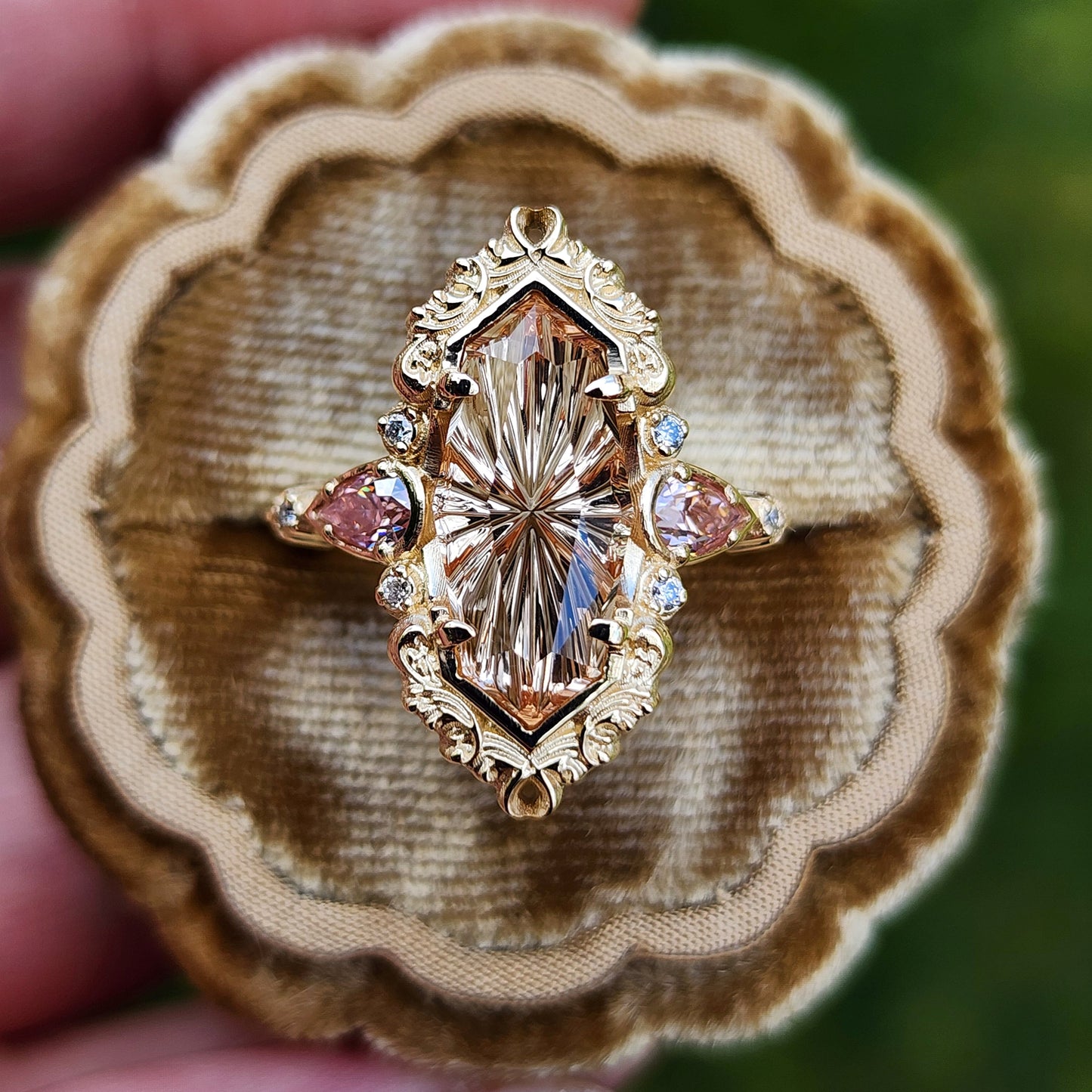 3.98ct Fantasy Cut Imperial Topaz Odette Engagement Ring with Pink Moissanite Pears and Gold Scrolls Filigree 14k Yellow Gold image  4