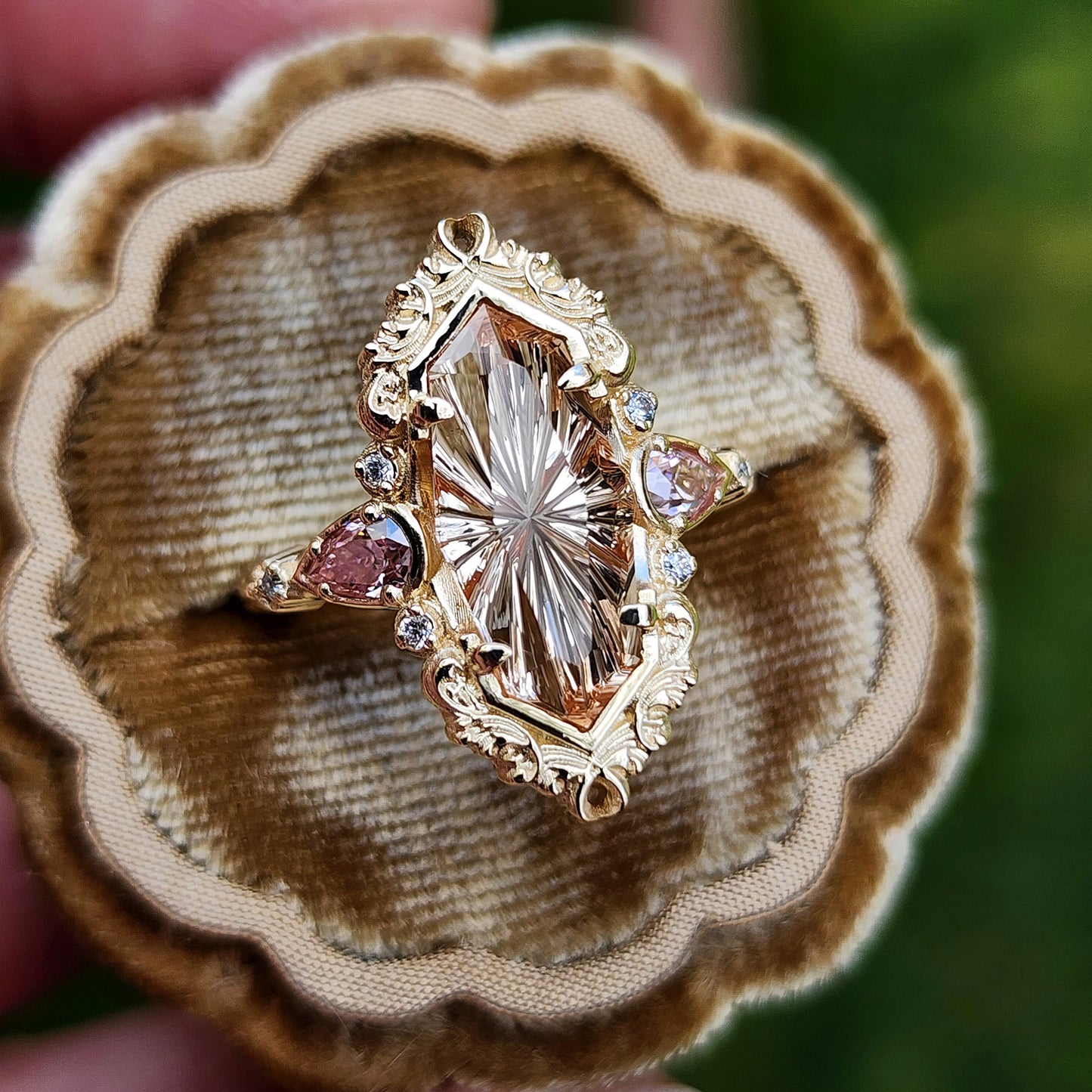 3.98ct Fantasy Cut Imperial Topaz Odette Engagement Ring with Pink Moissanite Pears and Gold Scrolls Filigree 14k Yellow Gold image  3
