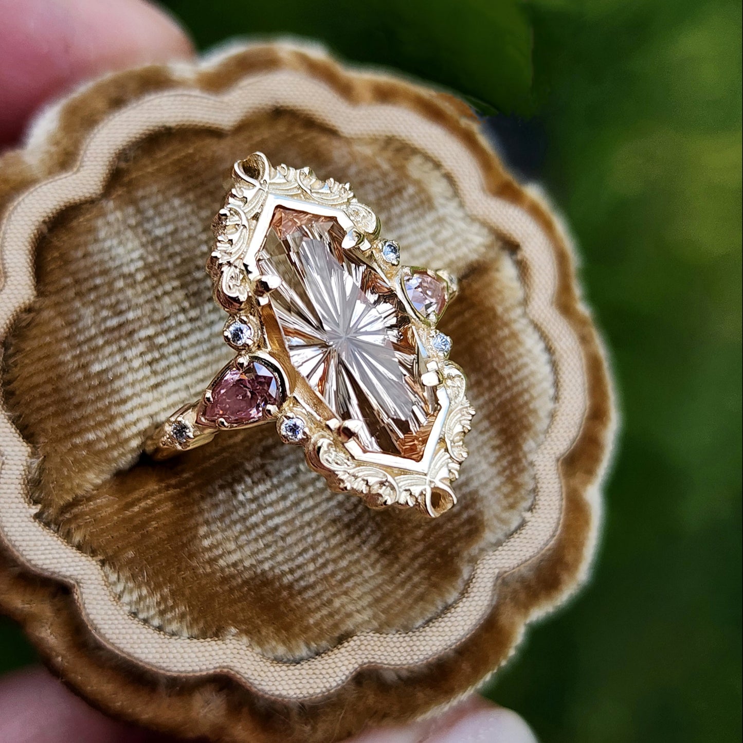 3.98ct Fantasy Cut Imperial Topaz Odette Engagement Ring with Pink Moissanite Pears and Gold Scrolls Filigree 14k Yellow Gold image 6