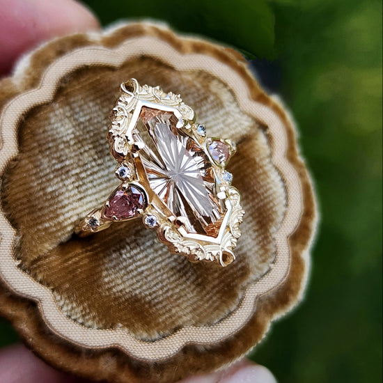 3.98ct Fantasy Cut Imperial Topaz Odette Engagement Ring with Pink Moissanite Pears and Gold Scrolls Filigree 14k Yellow Gold image 6