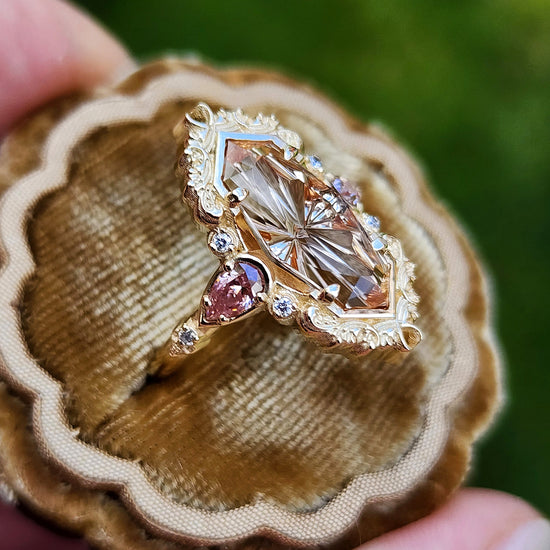 3.98ct Fantasy Cut Imperial Topaz Odette Engagement Ring with Pink Moissanite Pears and Gold Scrolls Filigree 14k Yellow Gold image  5