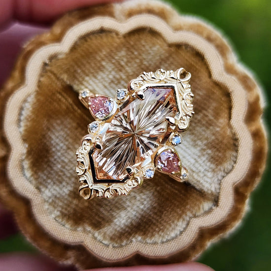 3.98ct Fantasy Cut Imperial Topaz Odette Engagement Ring with Pink Moissanite Pears and Gold Scrolls Filigree 14k Yellow Gold image  2