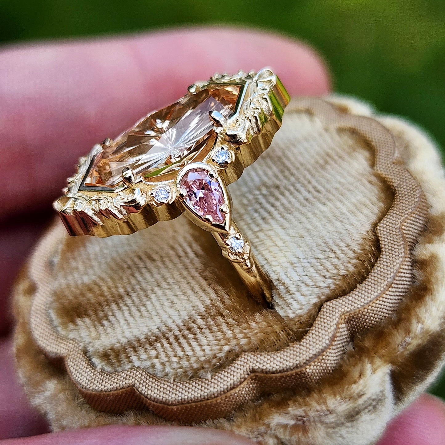 3.98ct Fantasy Cut Imperial Topaz Odette Engagement Ring with Pink Moissanite Pears and Gold Scrolls Filigree 14k Yellow Gold image 7
