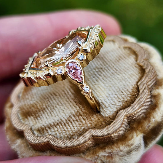 3.98ct Fantasy Cut Imperial Topaz Odette Engagement Ring with Pink Moissanite Pears and Gold Scrolls Filigree 14k Yellow Gold image 7