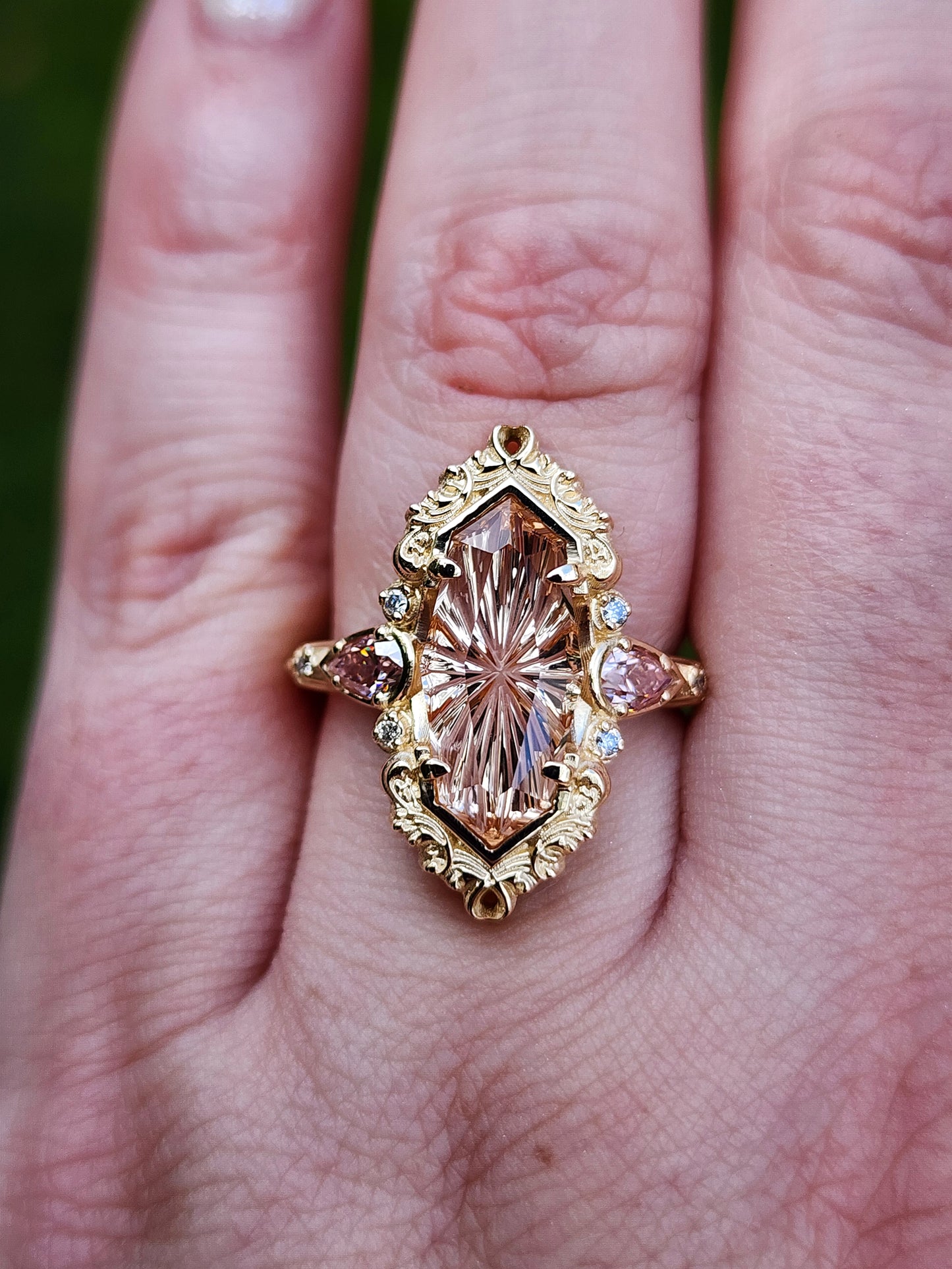 3.98ct Fantasy Cut Imperial Topaz Odette Engagement Ring with Pink Moissanite Pears and Gold Scrolls Filigree 14k Yellow Gold image  8