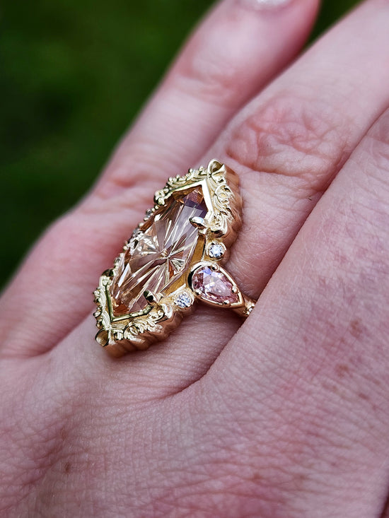 3.98ct Fantasy Cut Imperial Topaz Odette Engagement Ring with Pink Moissanite Pears and Gold Scrolls Filigree 14k Yellow Gold image  9