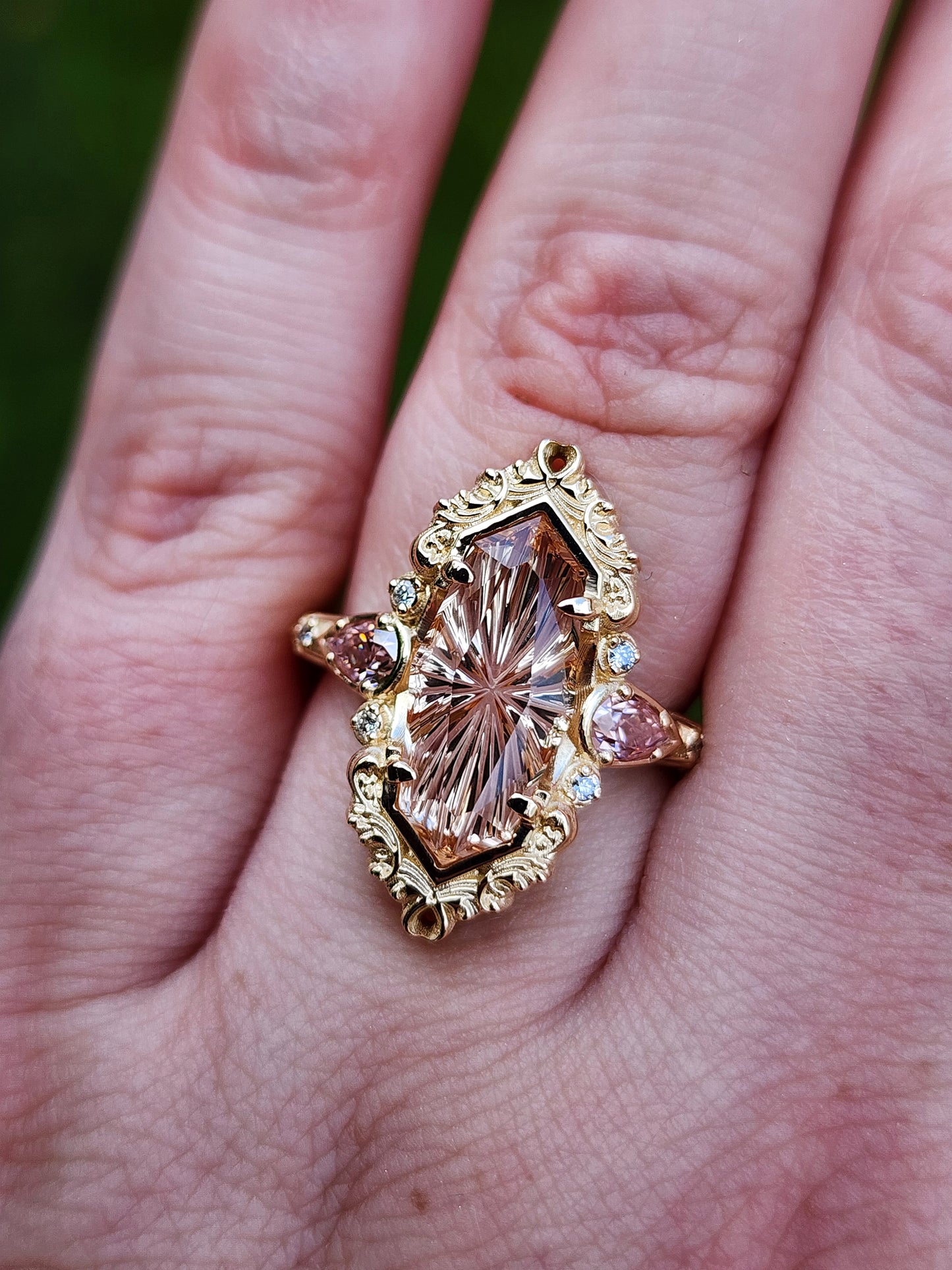 3.98ct Fantasy Cut Imperial Topaz Odette Engagement Ring with Pink Moissanite Pears and Gold Scrolls Filigree 14k Yellow Gold image  10