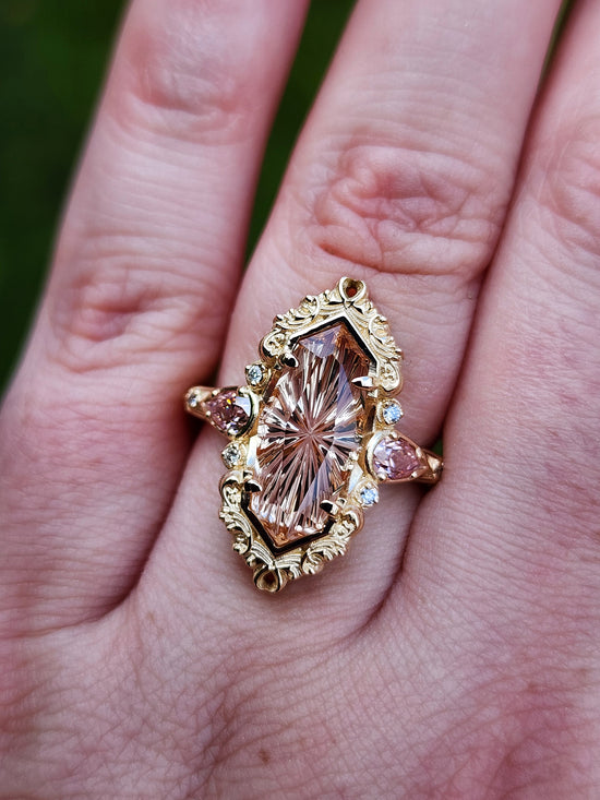 3.98ct Fantasy Cut Imperial Topaz Odette Engagement Ring with Pink Moissanite Pears and Gold Scrolls Filigree 14k Yellow Gold image  10