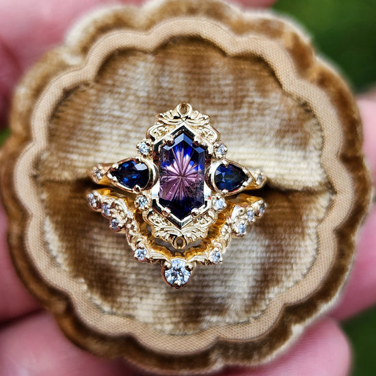 Fantasy Cut Winza Sapphire Odette Engagement Ring Set with Pear Blue Sapphires 14k Yellow Gold image 1