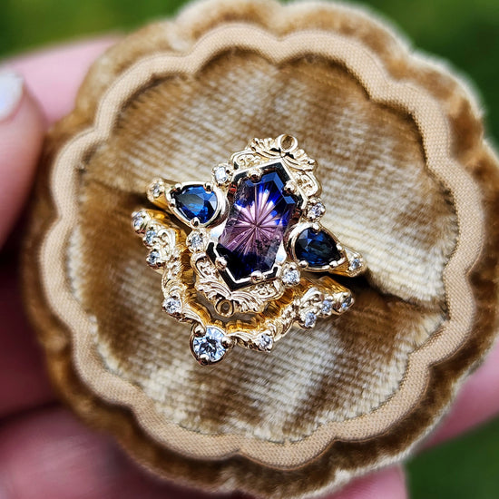 Fantasy Cut Winza Sapphire Odette Engagement Ring Set with Pear Blue Sapphires 14k Yellow Gold image 2