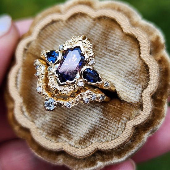 Fantasy Cut Winza Sapphire Odette Engagement Ring Set with Pear Blue Sapphires 14k Yellow Gold image 3