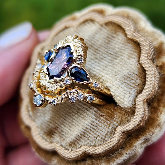 Fantasy Cut Winza Sapphire Odette Engagement Ring Set with Pear Blue Sapphires 14k Yellow Gold image 4